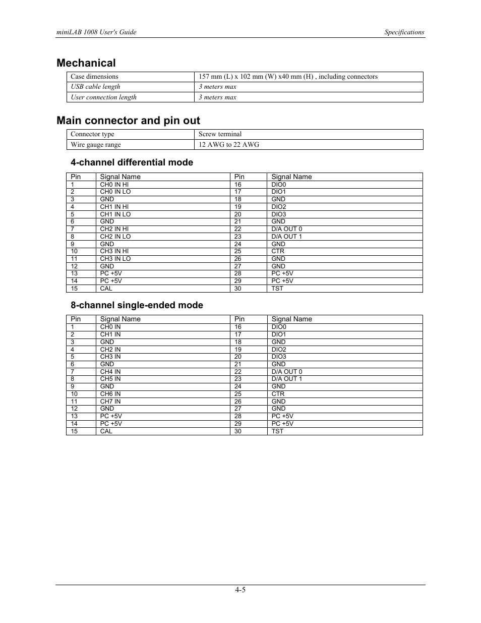 Mechanical, Main connector and pin out, Channel differential mode | Channel single-ended mode, Mechanical -5, Main connector and pin out -5, Channel differential mode -5, Channel single-ended mode -5 | Measurement Computing miniLAB-1008 User Manual | Page 31 / 34