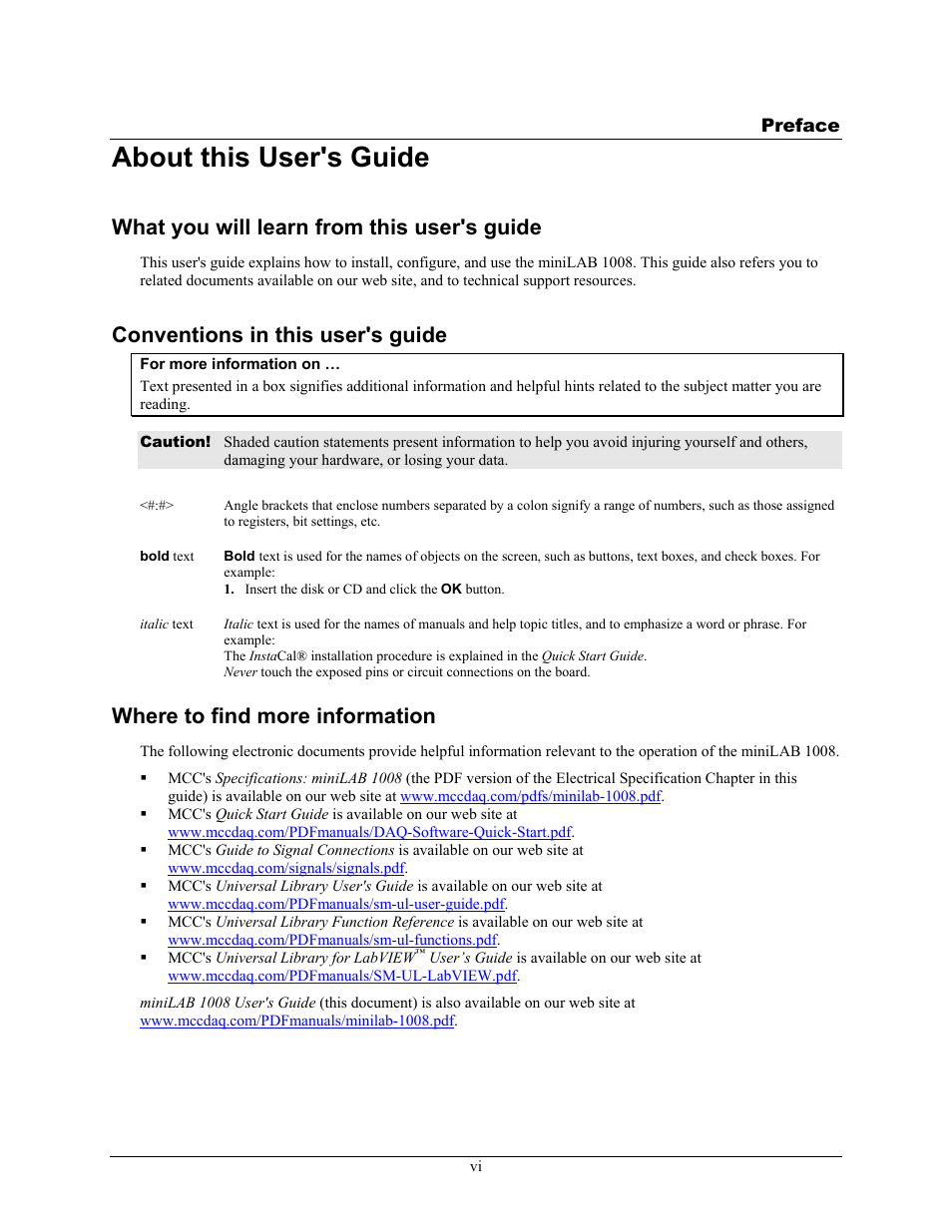 Preface, About this user's guide, What you will learn from this user's guide | Conventions in this user's guide, Where to find more information | Measurement Computing miniLAB-1008 User Manual | Page 7 / 34