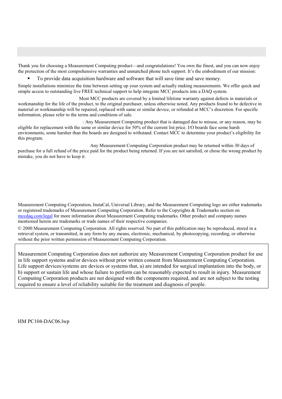 Management committed to your satisfaction | Measurement Computing PC104-DAC06 User Manual | Page 2 / 16