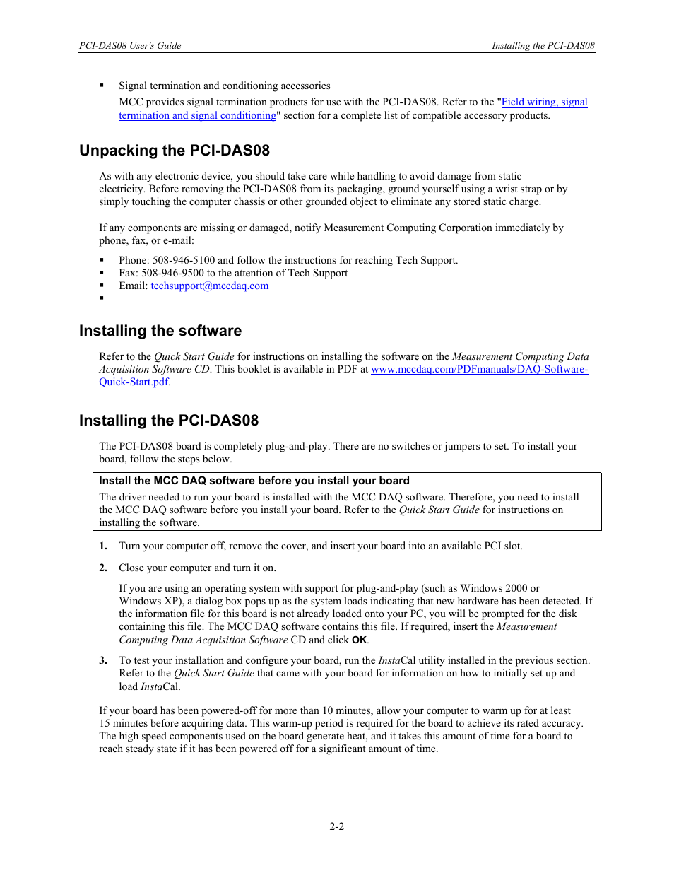 Unpacking the pci-das08, Installing the software, Installing the pci-das08 | Unpacking the pci-das08 -2, Installing the software -2, Installing the pci-das08 -2 | Measurement Computing PCI-DAS08 User Manual | Page 10 / 19