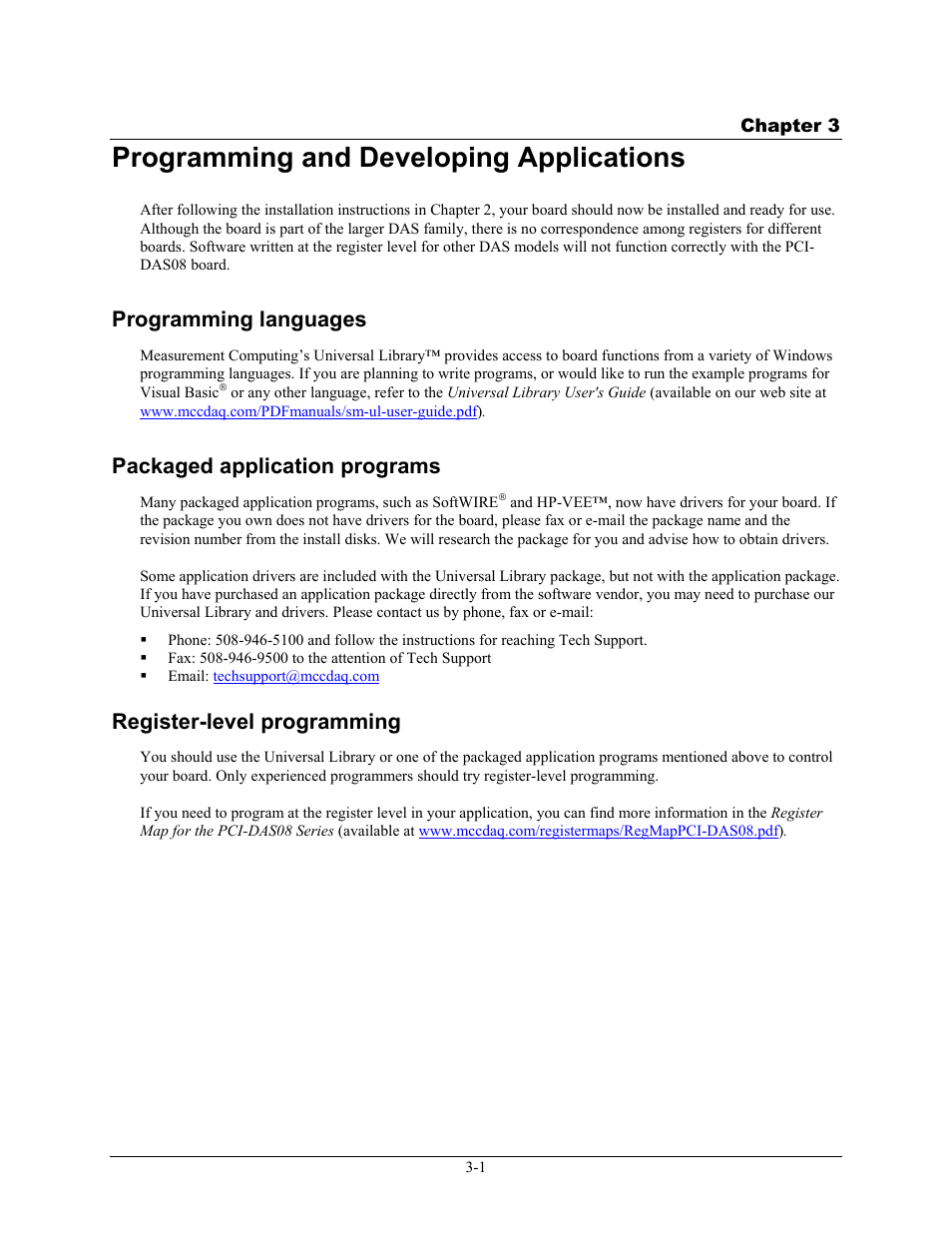 Programming and developing applications, Programming languages, Packaged application programs | Register-level programming, Programming and developing applications -1, Programming languages -1, Packaged application programs -1, Register-level programming -1 | Measurement Computing PCI-DAS08 User Manual | Page 14 / 19