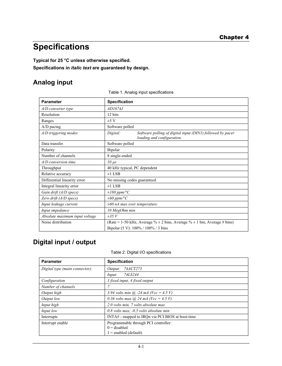 Specifications, Analog input, Digital input / output | Specifications -1, Analog input -1, Digital input / output -1, Chapter 4 | Measurement Computing PCI-DAS08 User Manual | Page 15 / 19