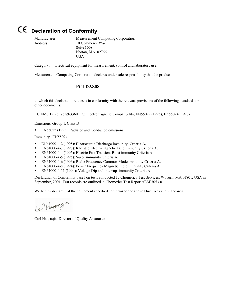 Declaration of conformity | Measurement Computing PCI-DAS08 User Manual | Page 18 / 19