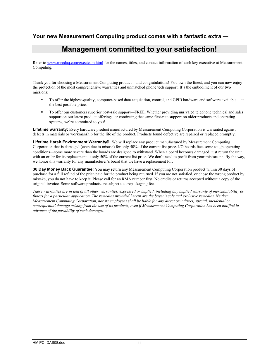 Management committed to your satisfaction | Measurement Computing PCI-DAS08 User Manual | Page 3 / 19