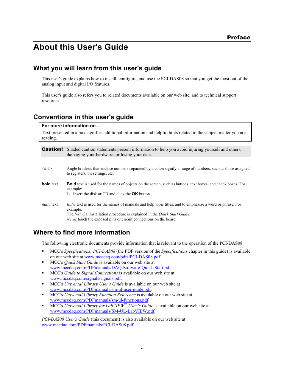 Preface, About this user's guide, What you will learn from this user's guide | Conventions in this user's guide, Where to find more information | Measurement Computing PCI-DAS08 User Manual | Page 6 / 19