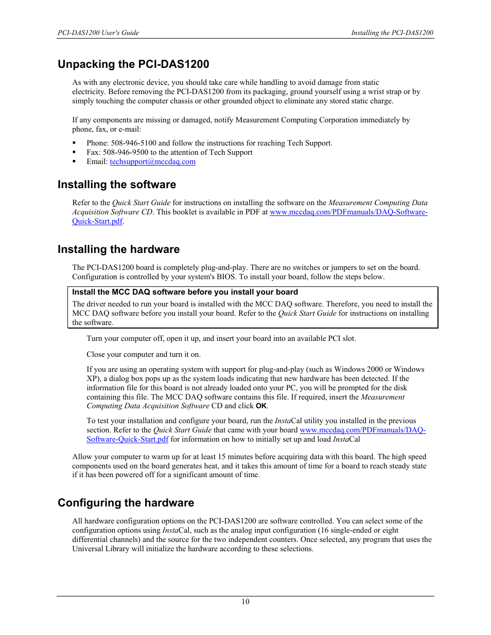 Unpacking the pci-das1200, Installing the software, Installing the hardware | Configuring the hardware | Measurement Computing PCI-DAS1200 User Manual | Page 11 / 24