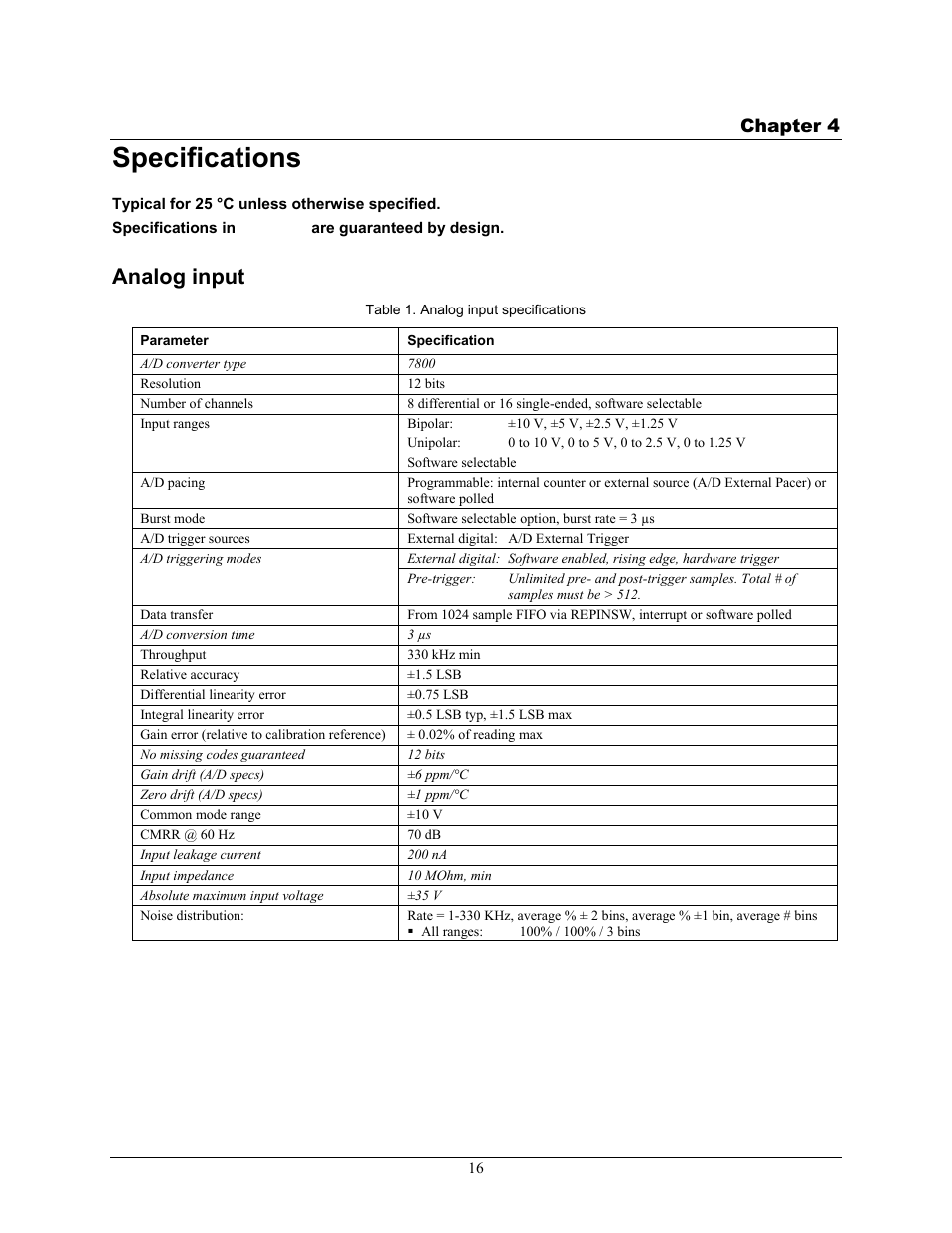 Specifications, Analog input, Chapter 4 | Measurement Computing PCI-DAS1200 User Manual | Page 17 / 24