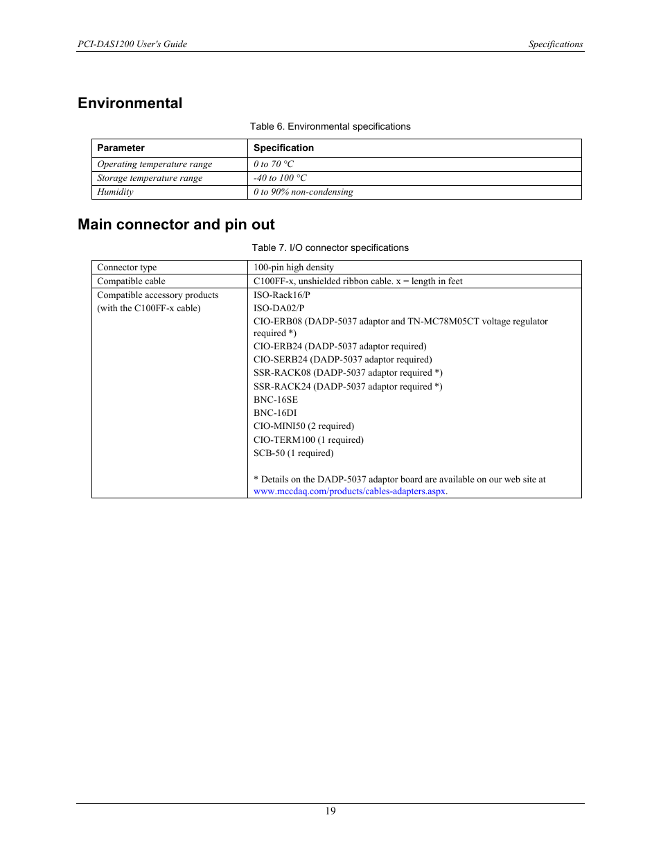 Environmental, Main connector and pin out | Measurement Computing PCI-DAS1200 User Manual | Page 20 / 24