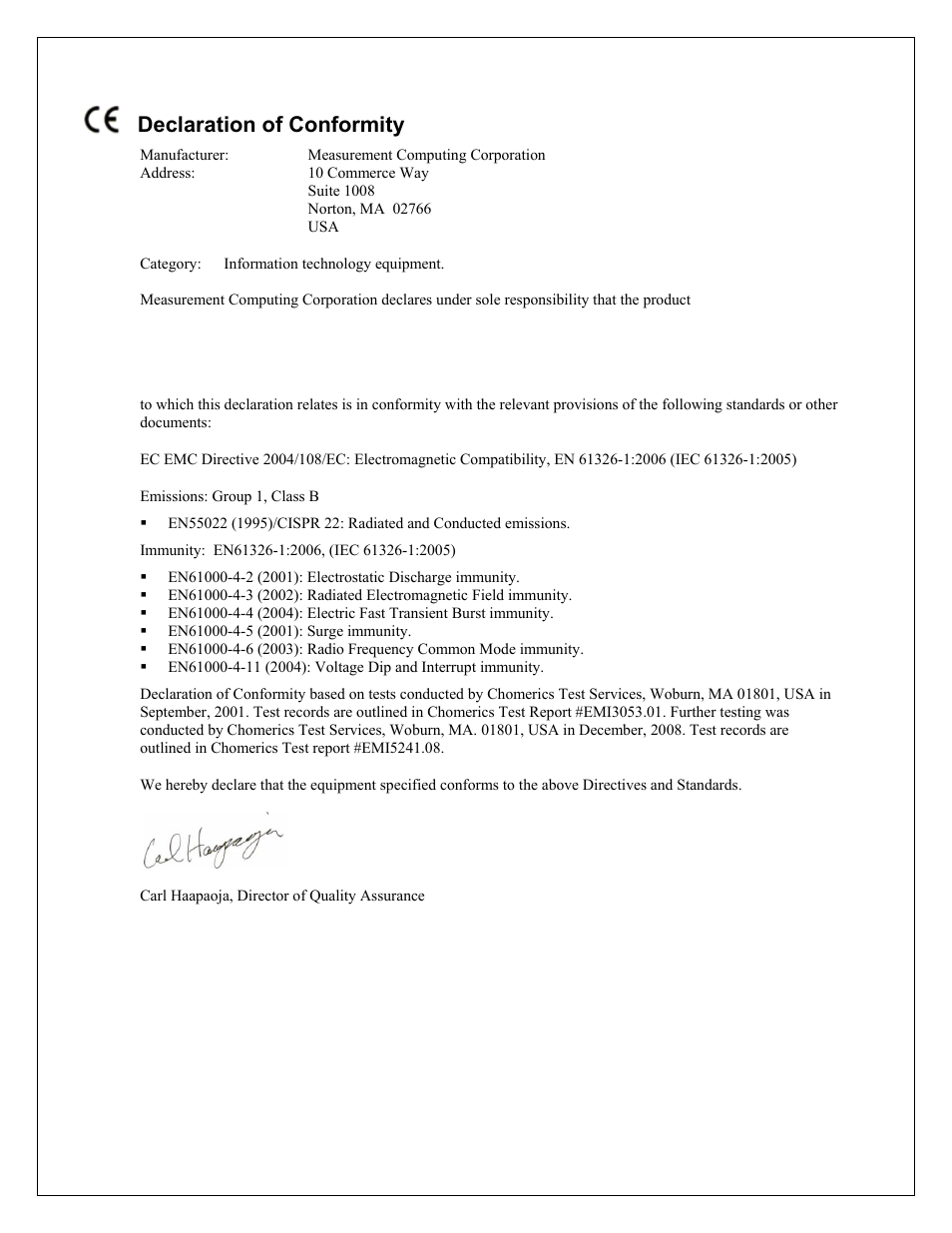 Declaration of conformity | Measurement Computing PCI-DAS1200 User Manual | Page 23 / 24