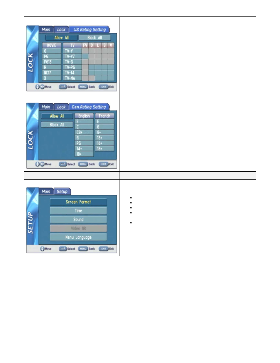 Us rating, Canada rating, Setup menus | Contemporary Research ICC2-ATSC User Manual | Page 12 / 23