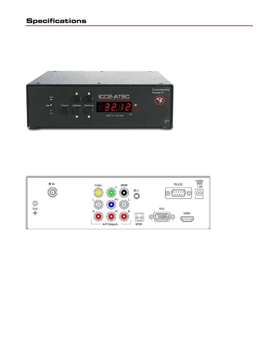 Specifications, Physical, Front panel | Rear panel | Contemporary Research ICC2-ATSC User Manual | Page 4 / 23