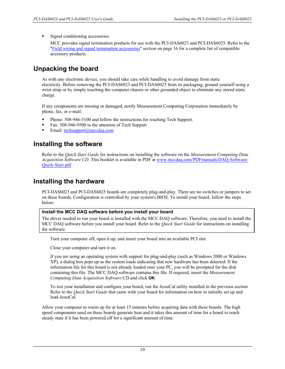 Unpacking the board, Installing the software, Installing the hardware | Measurement Computing PCI-DAS6023 User Manual | Page 10 / 44
