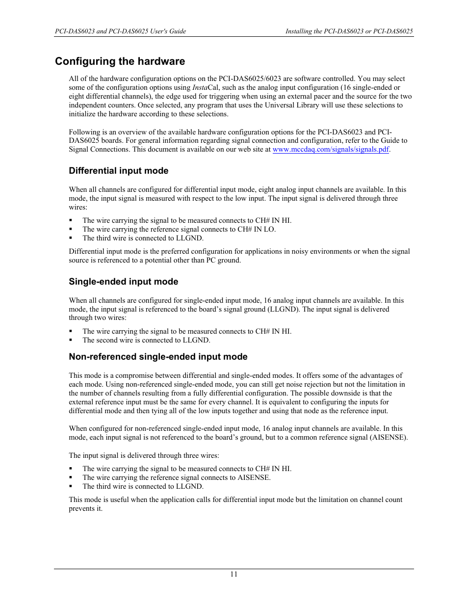 Configuring the hardware, Differential input mode, Single-ended input mode | Non-referenced single-ended input mode | Measurement Computing PCI-DAS6023 User Manual | Page 11 / 44