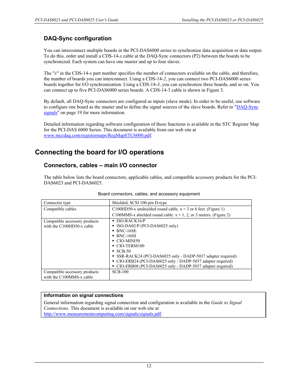Daq-sync configuration, Connecting the board for i/o operations, Connectors, cables – main i/o connector | Measurement Computing PCI-DAS6023 User Manual | Page 12 / 44