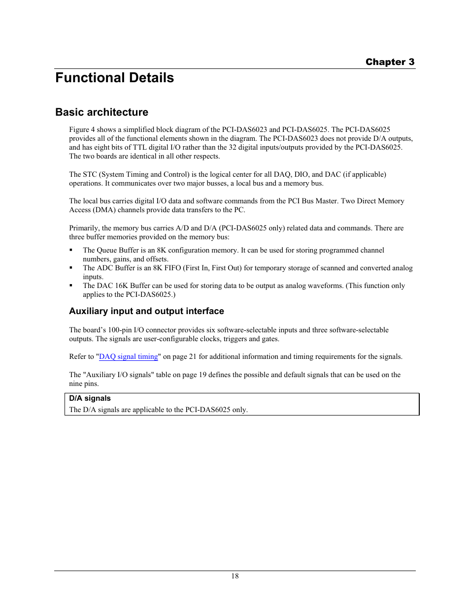 Functional details, Basic architecture, Auxiliary input and output interface | Measurement Computing PCI-DAS6023 User Manual | Page 18 / 44