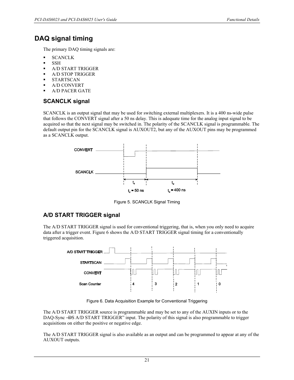 Daq signal timing, Scanclk signal, A/d start trigger signal | E 21, Signal timing, Sect | Measurement Computing PCI-DAS6023 User Manual | Page 21 / 44