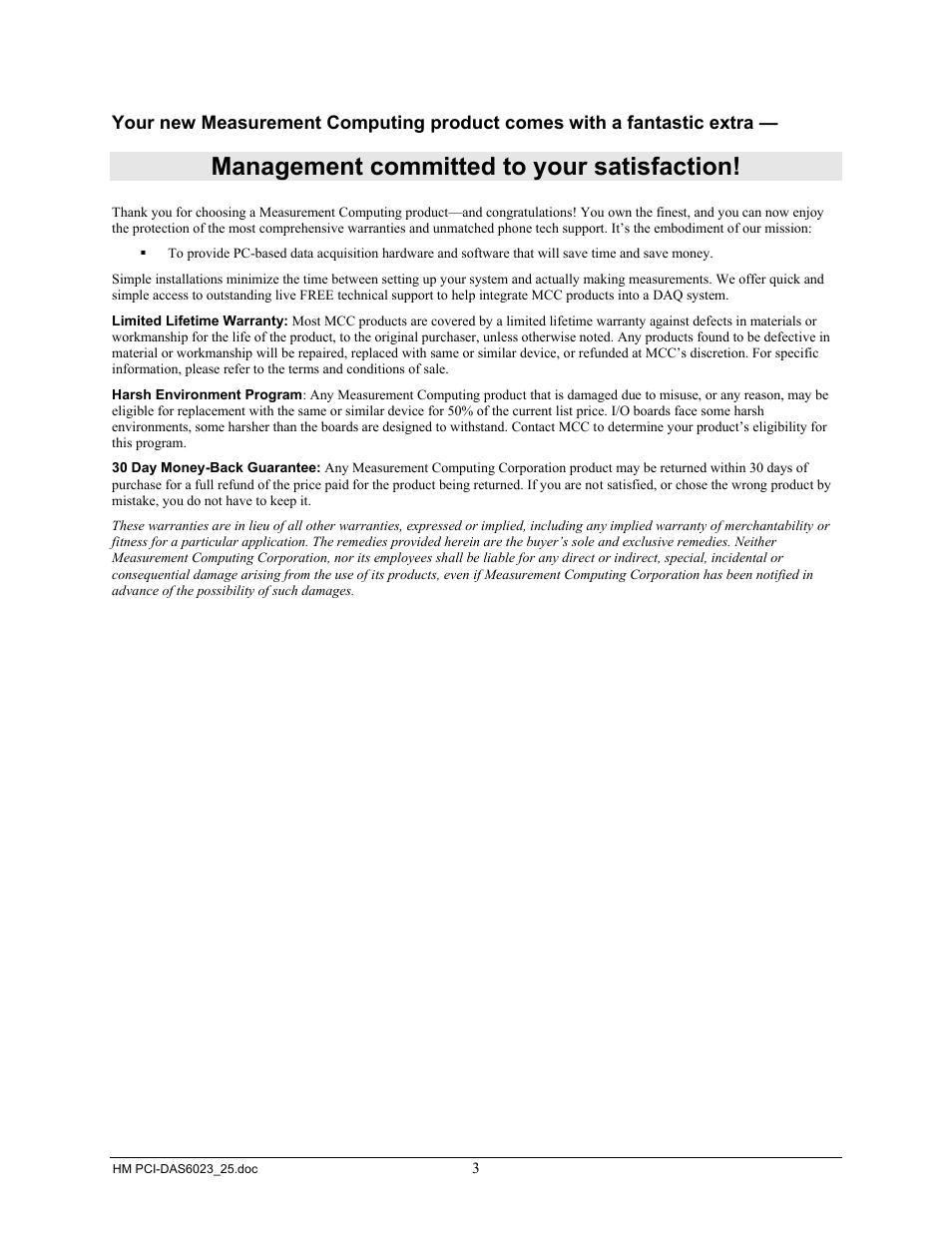 Management committed to your satisfaction | Measurement Computing PCI-DAS6023 User Manual | Page 3 / 44