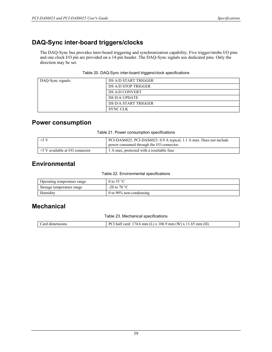 Daq-sync inter-board triggers/clocks, Power consumption, Environmental | Mechanical | Measurement Computing PCI-DAS6023 User Manual | Page 39 / 44
