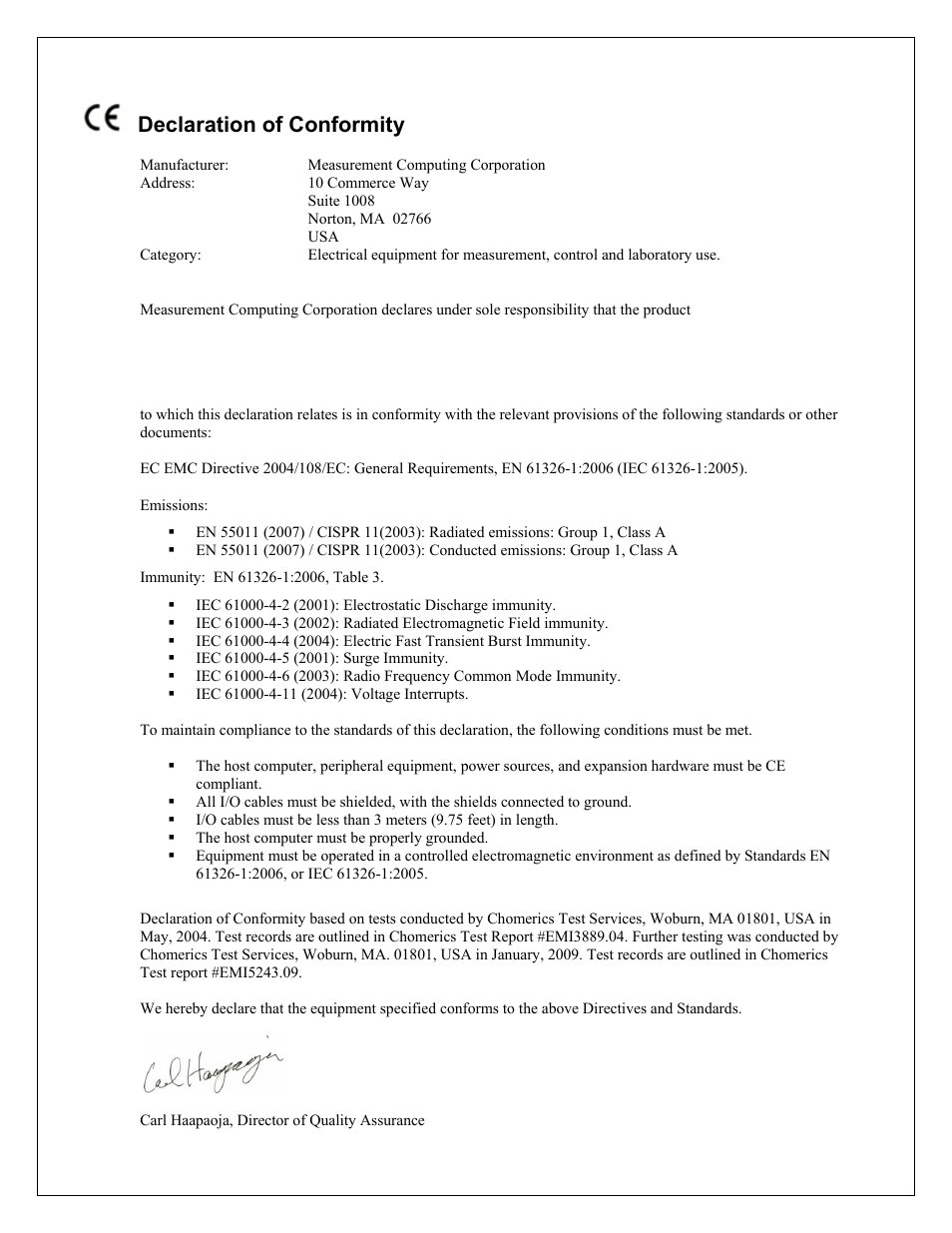 Declaration of conformity | Measurement Computing PCI-DAS6023 User Manual | Page 43 / 44