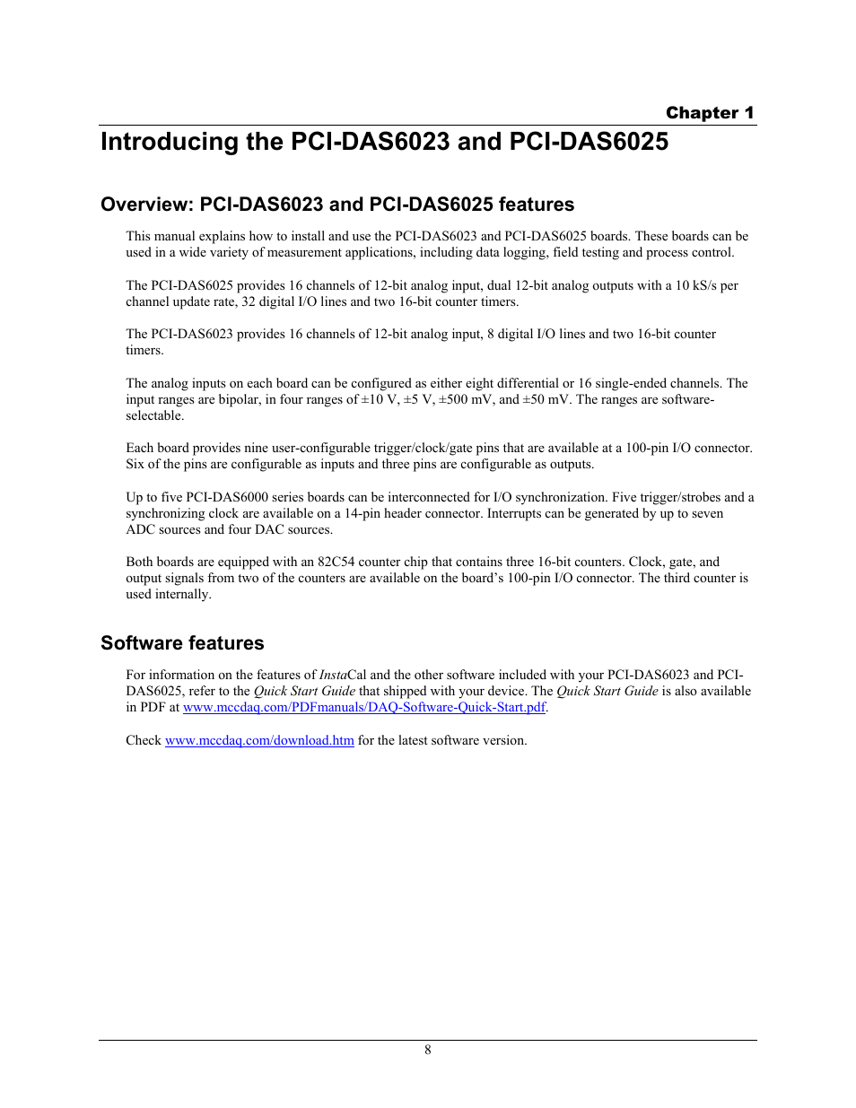 Introducing the pci-das6023 and pci-das6025, Overview: pci-das6023 and pci-das6025 features, Software features | Measurement Computing PCI-DAS6023 User Manual | Page 8 / 44