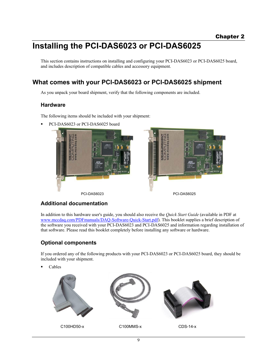 Installing the pci-das6023 or pci-das6025, Hardware, Additional documentation | Optional components | Measurement Computing PCI-DAS6023 User Manual | Page 9 / 44