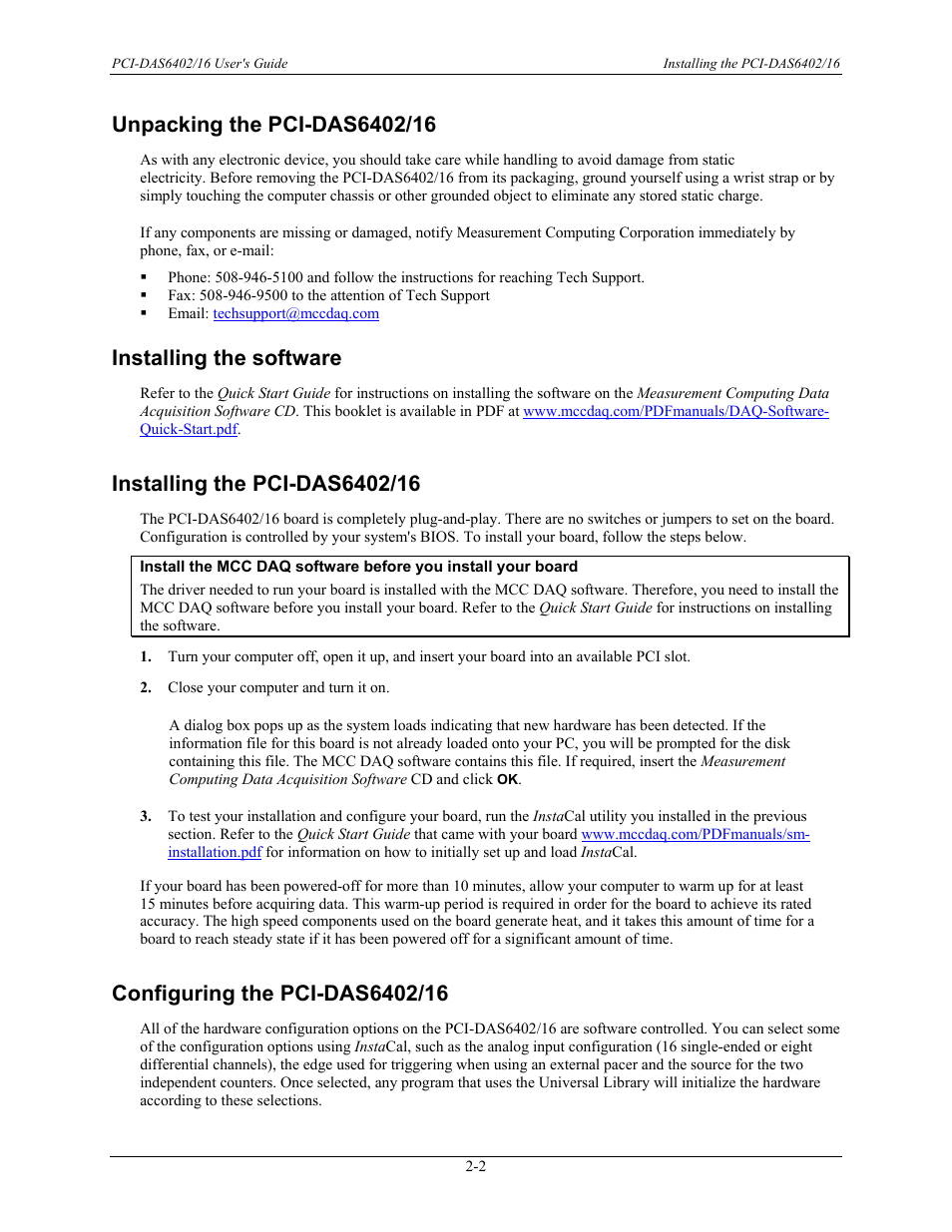 Unpacking the pci-das6402/16, Installing the software, Installing the pci-das6402/16 | Configuring the pci-das6402/16, Unpacking the pci-das6402/16 -2, Installing the software -2, Installing the pci-das6402/16 -2, Configuring the pci-das6402/16 -2 | Measurement Computing PCI-DAS6402/16 User Manual | Page 10 / 34