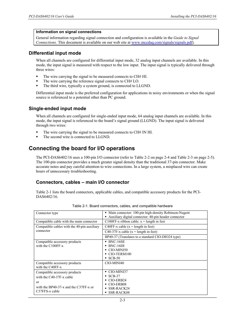 Connecting the board for i/o operations, Connectors, cables – main i/o connector, Differential input mode -3 | Single-ended input mode -3, Connecting the board for i/o operations -3, Connectors, cables – main i/o connector -3 | Measurement Computing PCI-DAS6402/16 User Manual | Page 11 / 34