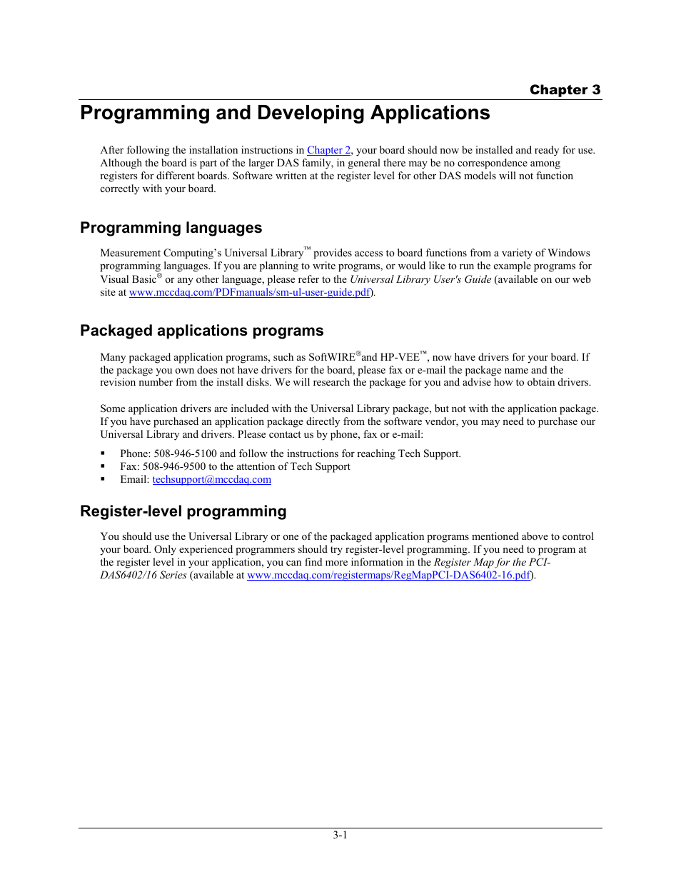 Programming and developing applications, Programming languages, Packaged applications programs | Register-level programming, Programming and developing applications -1, Programming languages -1, Packaged applications programs -1, Register-level programming -1 | Measurement Computing PCI-DAS6402/16 User Manual | Page 19 / 34