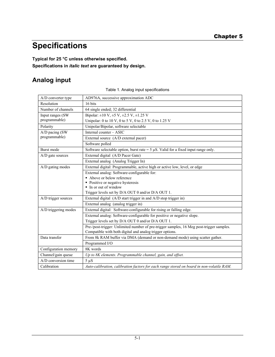 Specifications, Analog input, Specifications -1 | Analog input -1 | Measurement Computing PCI-DAS6402/16 User Manual | Page 22 / 34