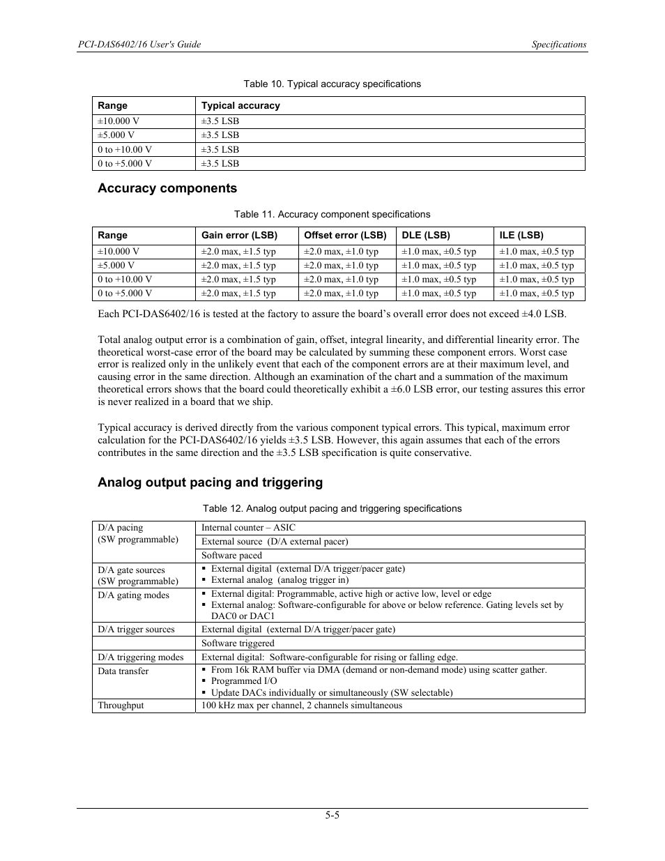 Accuracy components, Analog output pacing and triggering, Accuracy components -5 | Analog output pacing and triggering -5 | Measurement Computing PCI-DAS6402/16 User Manual | Page 26 / 34