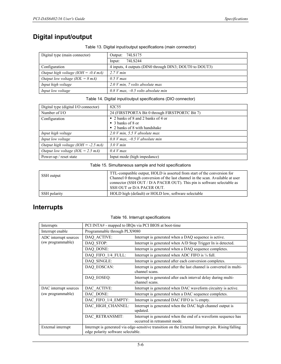 Digital input/output, Interrupts, Digital input/output -6 | Interrupts -6 | Measurement Computing PCI-DAS6402/16 User Manual | Page 27 / 34