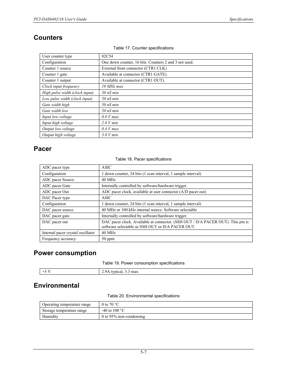 Counters, Pacer, Power consumption | Environmental, Counters -7, Pacer -7, Power consumption -7, Environmental -7 | Measurement Computing PCI-DAS6402/16 User Manual | Page 28 / 34