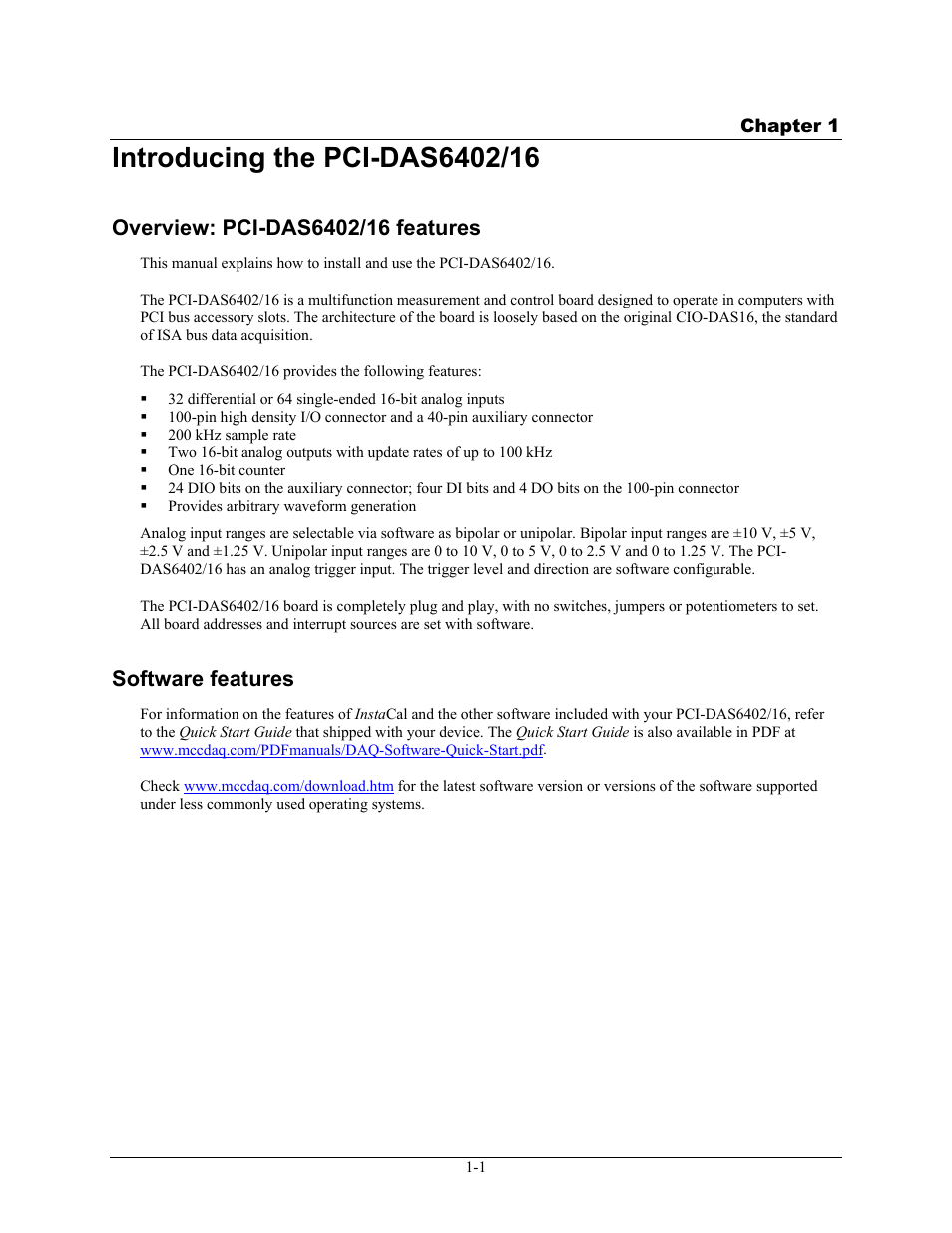 Introducing the pci-das6402/16, Overview: pci-das6402/16 features, Software features | Introducing the pci-das6402/16 -1, Overview: pci-das6402/16 features -1, Software features -1 | Measurement Computing PCI-DAS6402/16 User Manual | Page 7 / 34