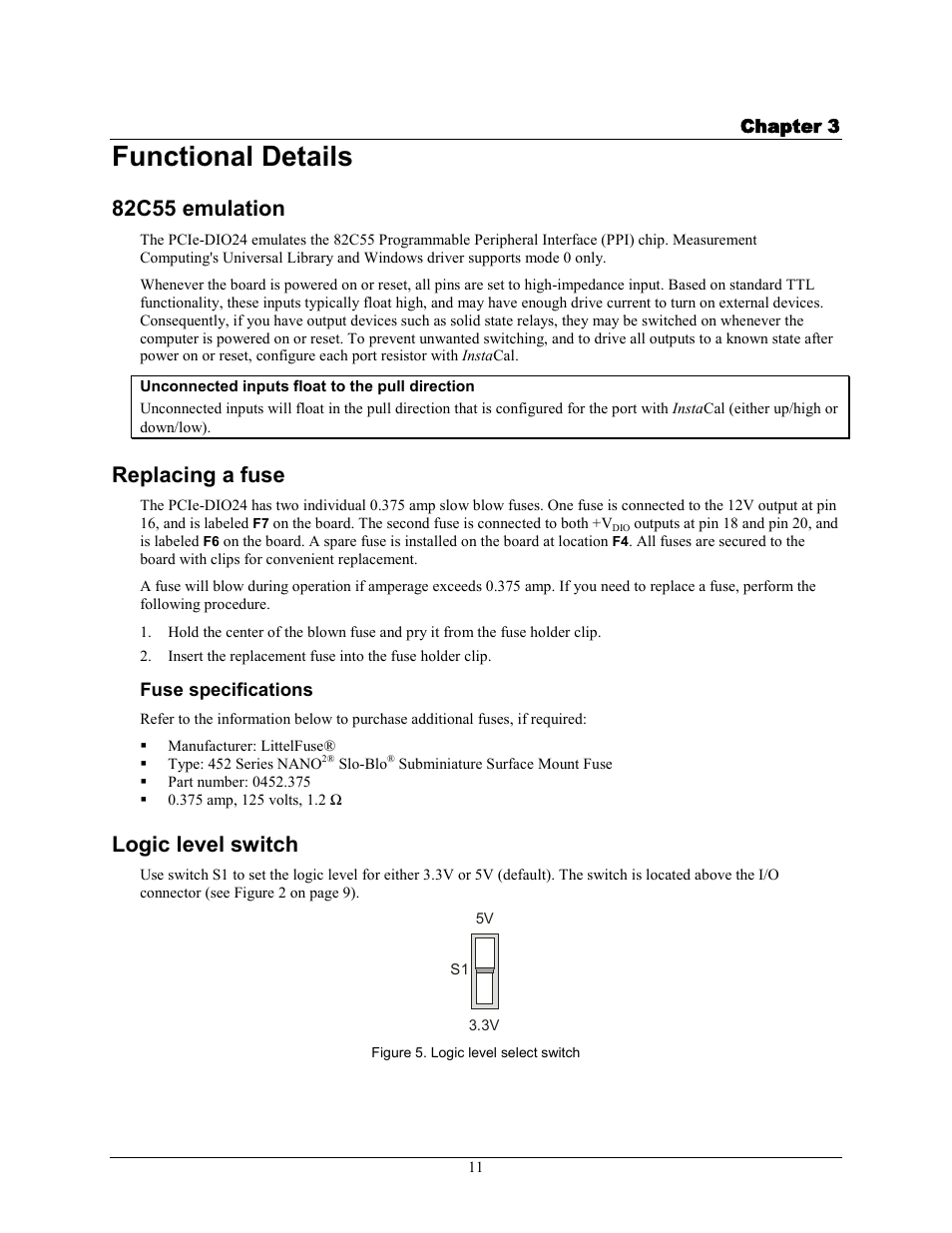 Functional details, 82c55 emulation, Replacing a fuse | Fuse specifications, Logic level switch | Measurement Computing PCIe-DIO24 User Manual | Page 11 / 16