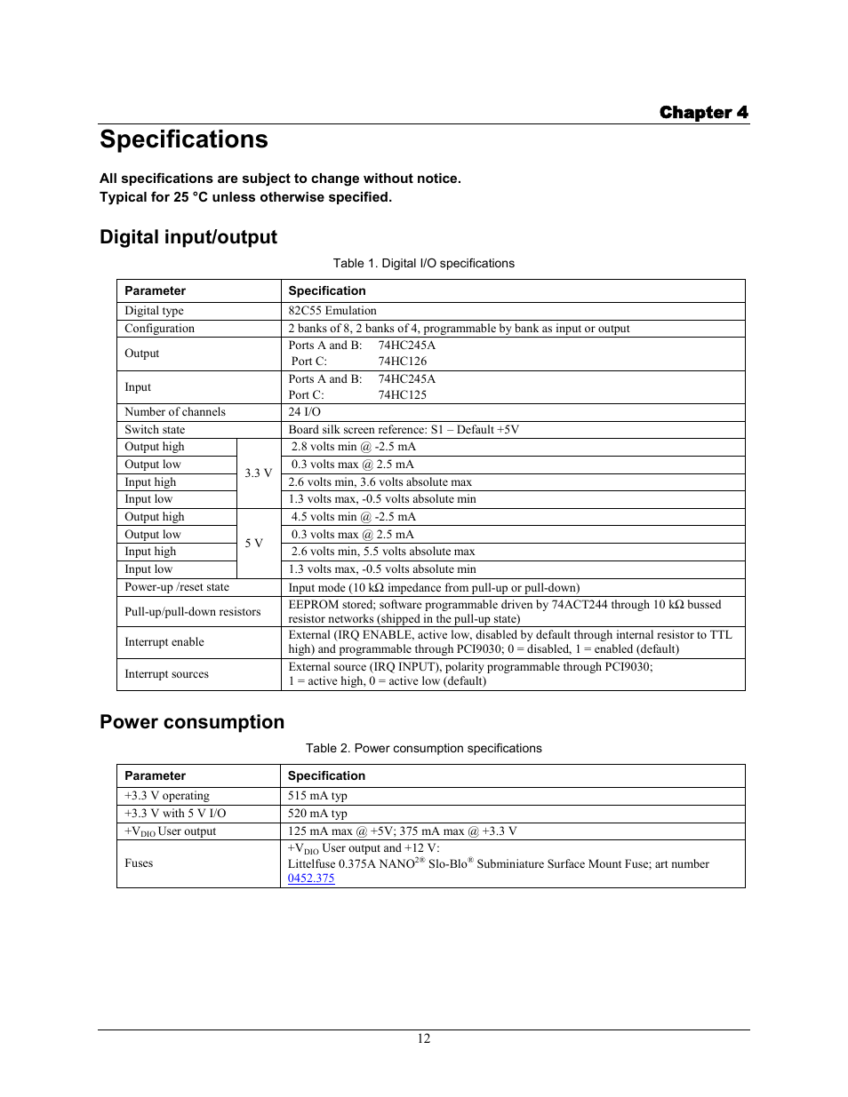 Specifications, Digital input/output, Power consumption | Chapter 4 | Measurement Computing PCIe-DIO24 User Manual | Page 12 / 16