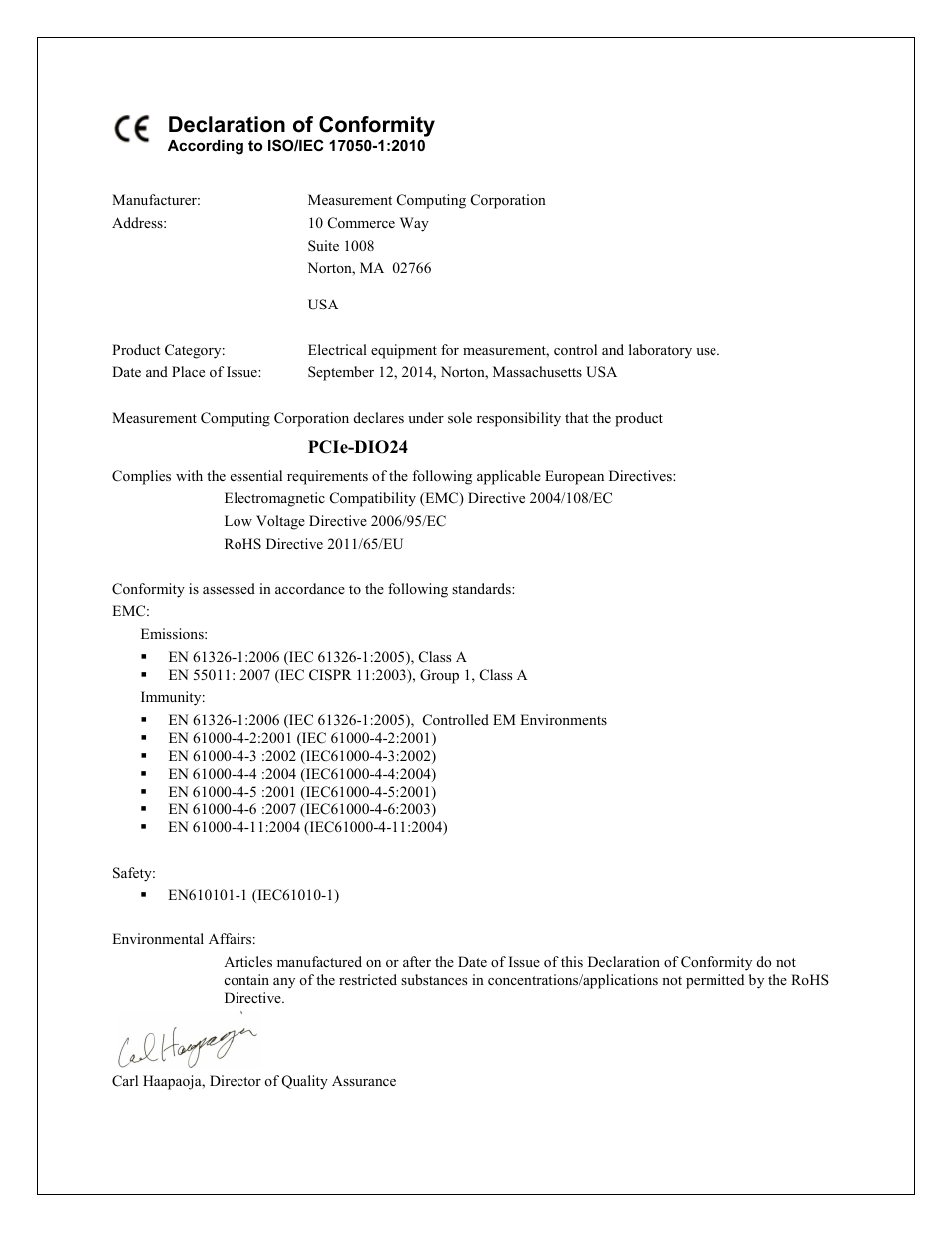 Declaration of conformity | Measurement Computing PCIe-DIO24 User Manual | Page 15 / 16