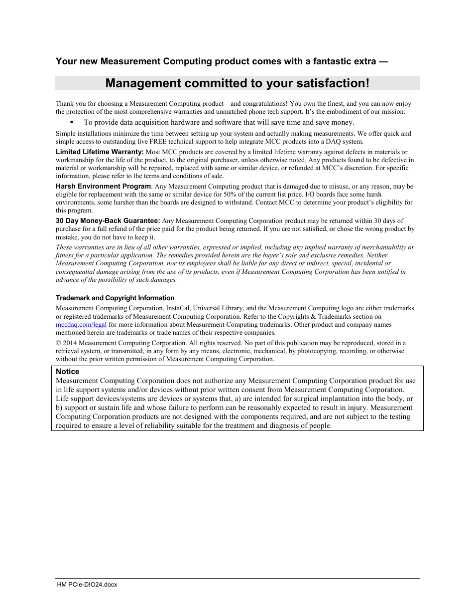 Management committed to your satisfaction | Measurement Computing PCIe-DIO24 User Manual | Page 2 / 16