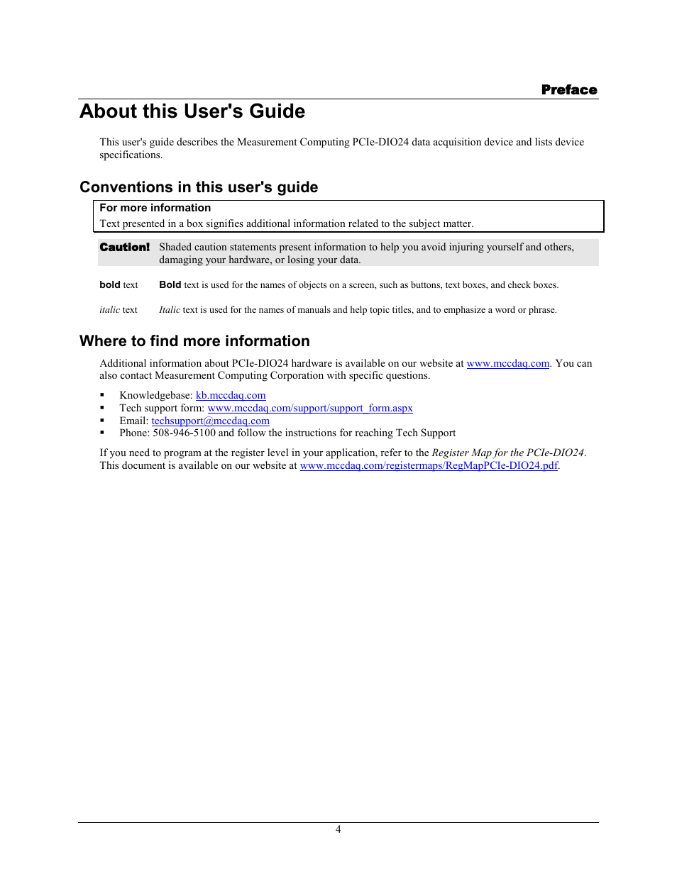 Preface, About this user's guide, Conventions in this user's guide | Where to find more information | Measurement Computing PCIe-DIO24 User Manual | Page 4 / 16