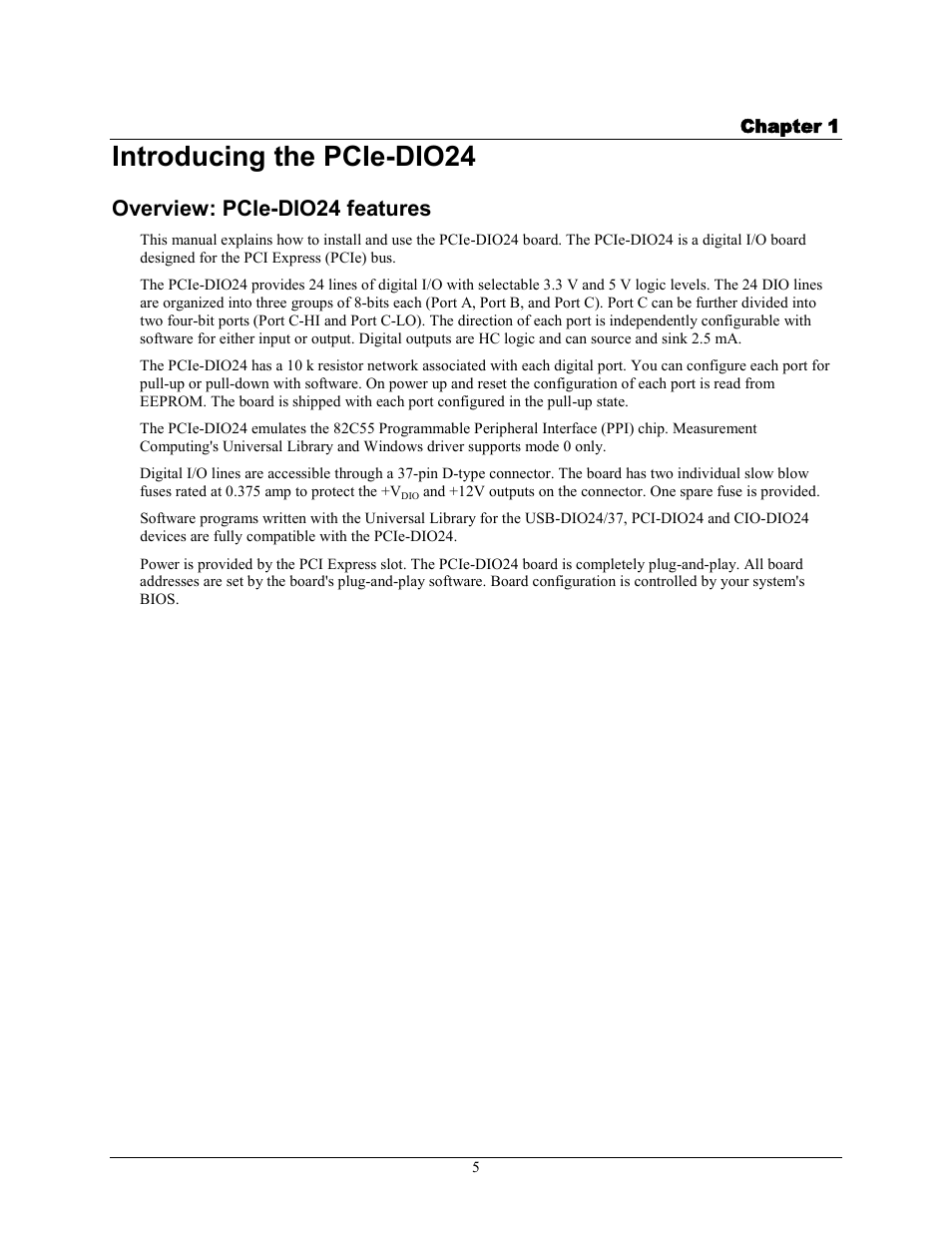 Introducing the pcie-dio24, Overview: pcie-dio24 features | Measurement Computing PCIe-DIO24 User Manual | Page 5 / 16