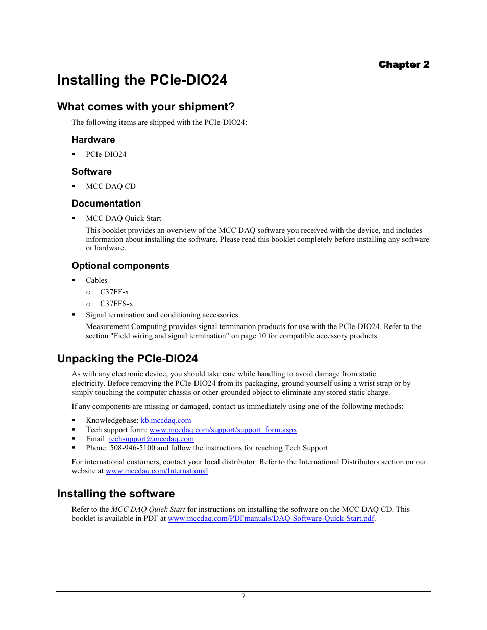 Installing the pcie-dio24, What comes with your shipment, Hardware | Software, Documentation, Optional components, Unpacking the pcie-dio24, Installing the software | Measurement Computing PCIe-DIO24 User Manual | Page 7 / 16