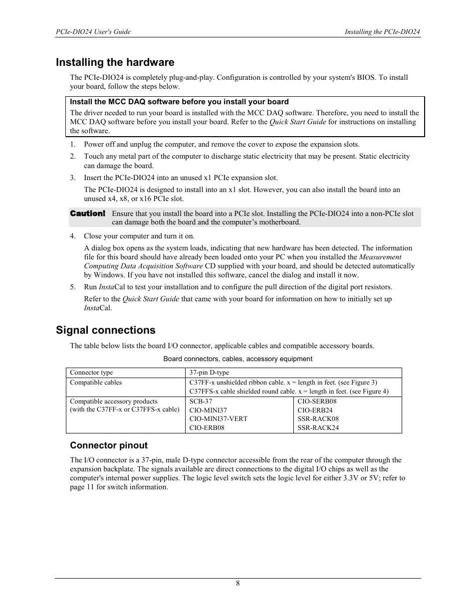 Installing the hardware, Signal connections, Connector pinout | Measurement Computing PCIe-DIO24 User Manual | Page 8 / 16