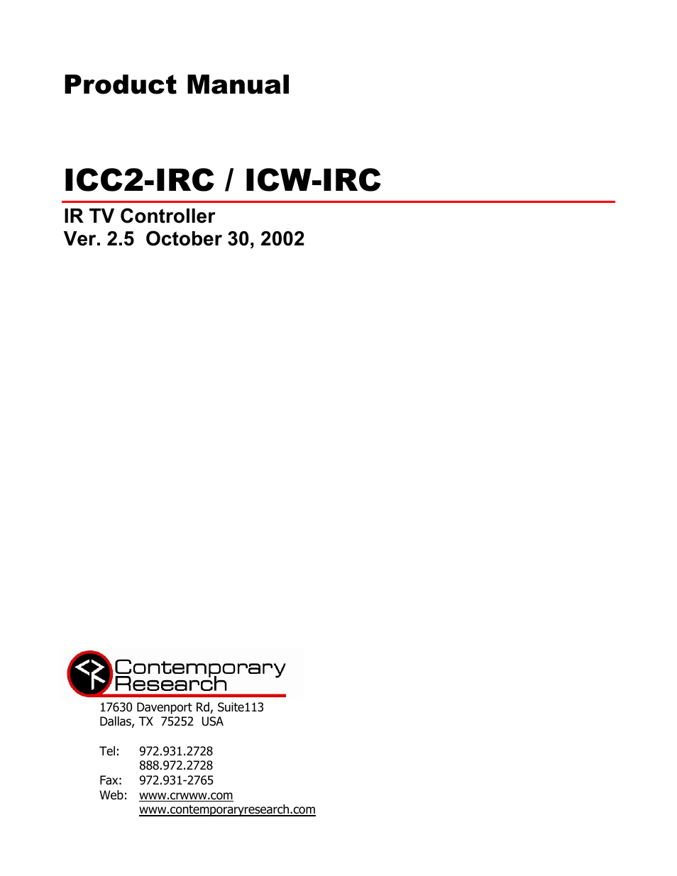 Contemporary Research ICC2-IRC User Manual | 22 pages