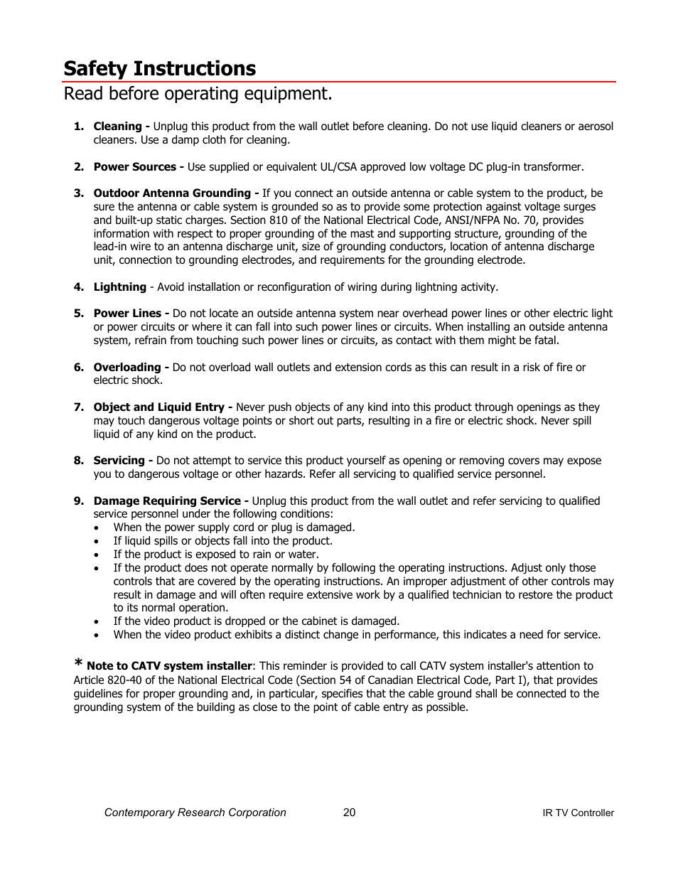 Safety instructions, Read before operating equipment | Contemporary Research ICC2-IRC User Manual | Page 20 / 22