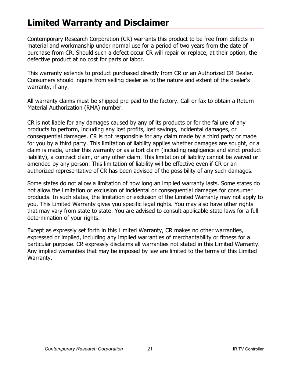 Limited warranty and disclaimer | Contemporary Research ICC2-IRC User Manual | Page 21 / 22