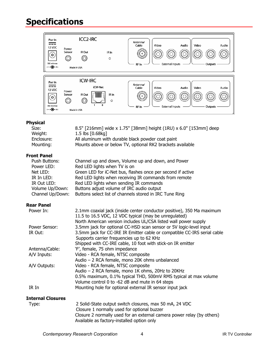 Specifications | Contemporary Research ICC2-IRC User Manual | Page 4 / 22