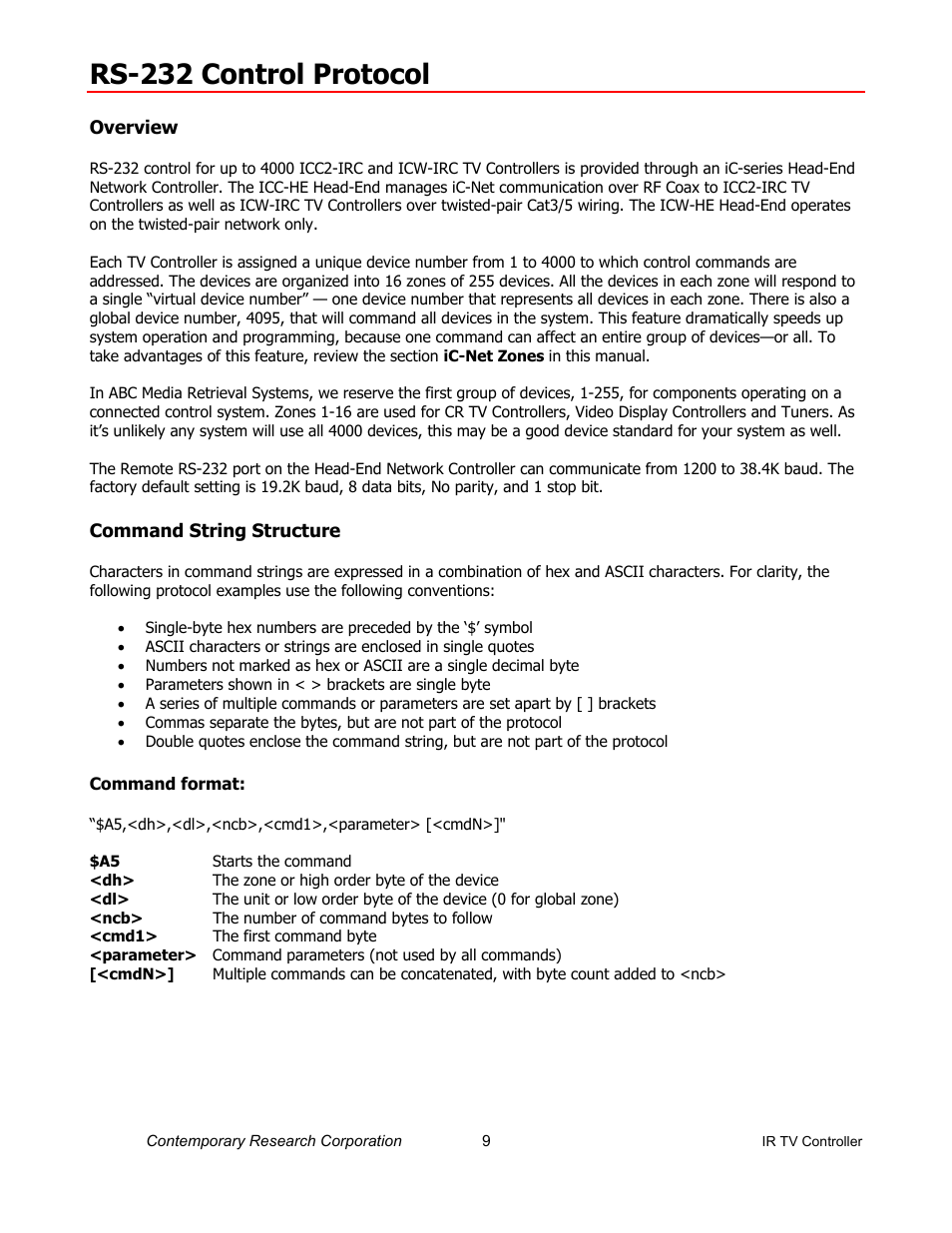 Rs-232 control protocol | Contemporary Research ICC2-IRC User Manual | Page 9 / 22