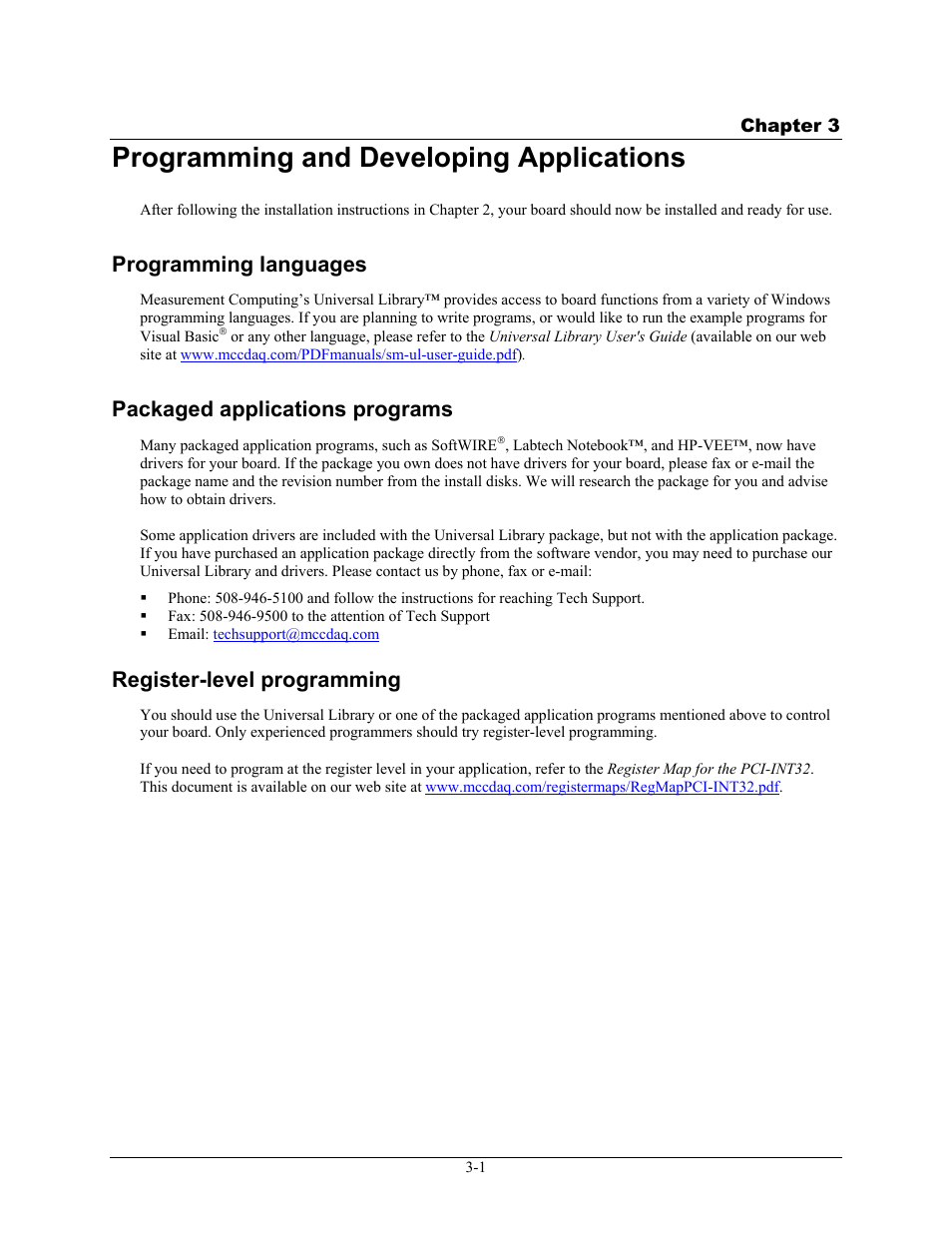Programming and developing applications, Programming languages, Packaged applications programs | Register-level programming, Programming and developing applications -1, Programming languages -1, Packaged applications programs -1, Register-level programming -1 | Measurement Computing PCI-INT32 User Manual | Page 10 / 17