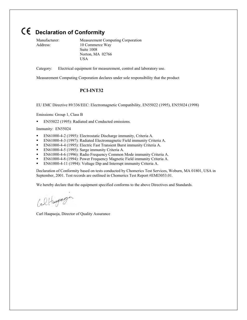 Declaration of conformity | Measurement Computing PCI-INT32 User Manual | Page 16 / 17