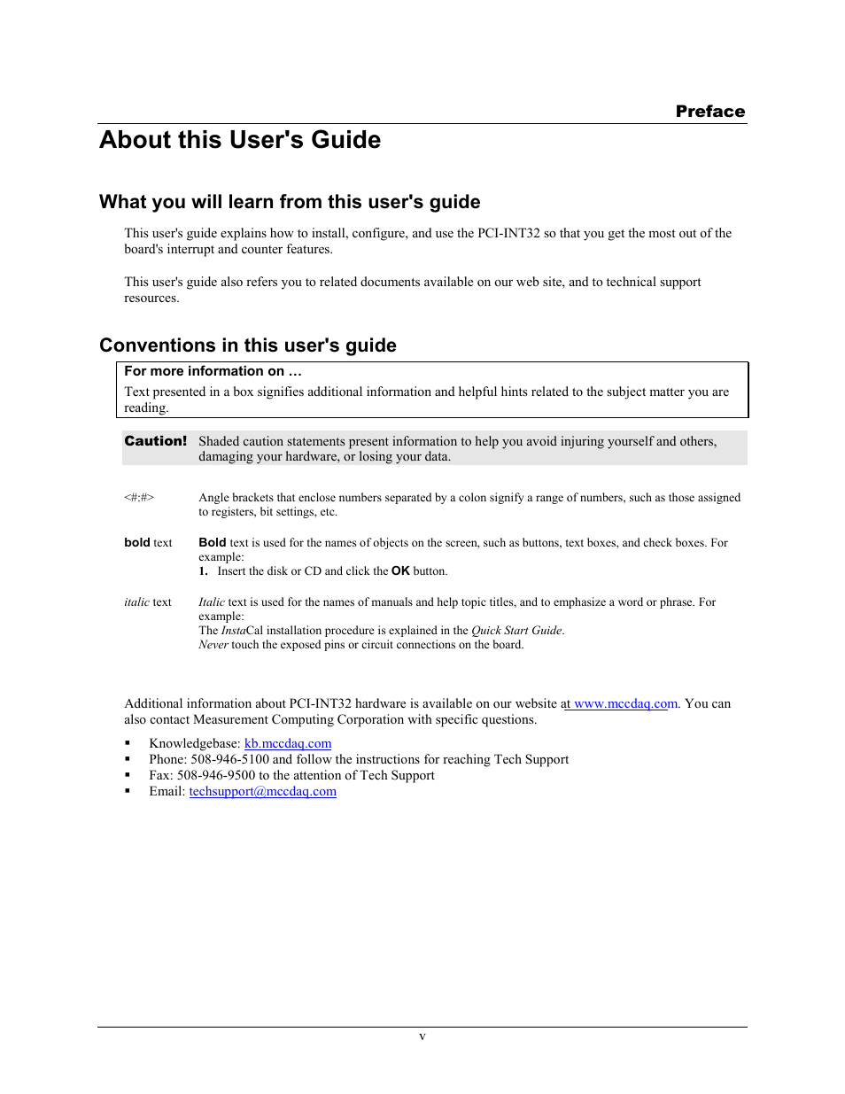 Preface, About this user's guide, What you will learn from this user's guide | Conventions in this user's guide, Where to find more information | Measurement Computing PCI-INT32 User Manual | Page 5 / 17