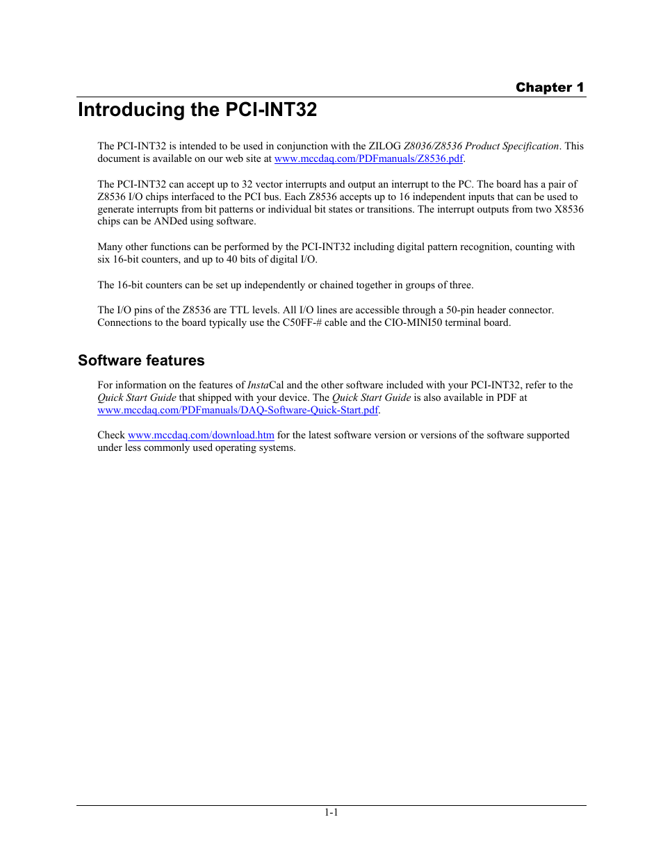 Introducing the pci-int32, Software features, Introducing the pci-int32 -1 | Software features -1 | Measurement Computing PCI-INT32 User Manual | Page 6 / 17